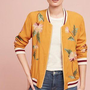 Anthropologie Embroidered Orange Bomber Jacket